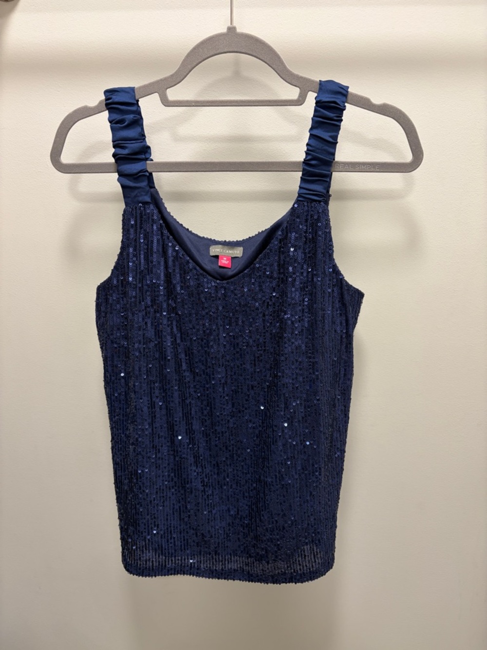 Vince Camuto Rich Navy Blue Sequin Ruched-Strap Tank Top